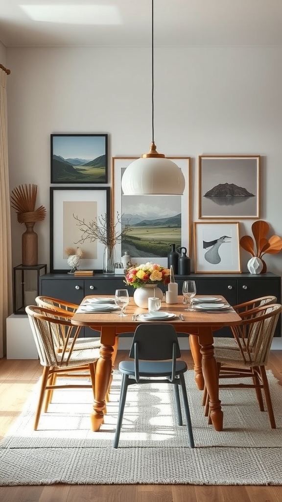 A Scandinavian dining room featuring a wooden table, mixed chairs, and framed art on the walls.