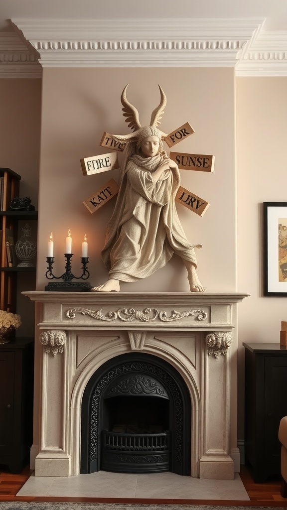 A striking sculpture with horns and flowing robes above a fireplace, surrounded by wooden signs.