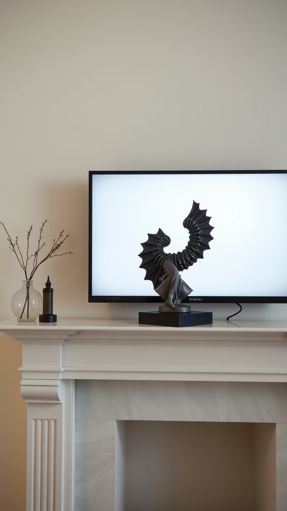 A modern mantle with a unique sculpture and a television above it.