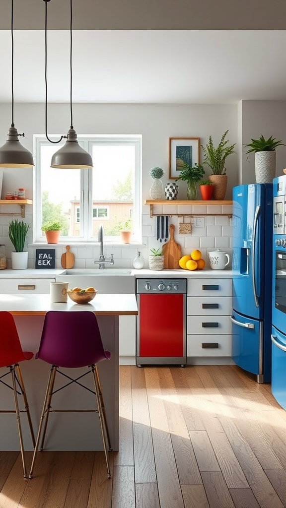 A Scandinavian kitchen featuring a blue refrigerator, red dishwasher, and colorful bar stools against neutral tones.