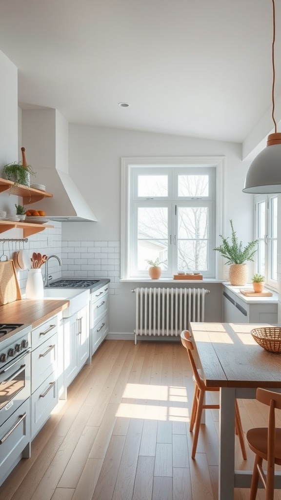A bright Scandinavian kitchen with large windows, light wood flooring, and white cabinetry.
