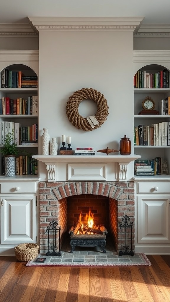 Cozy fireplace with built-in bookshelves on either side, featuring a wreath above and decorative items.