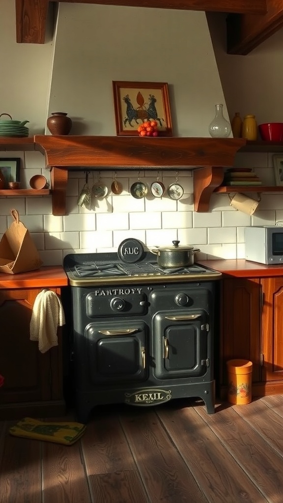 A vintage black cast iron stove in a cozy farmhouse kitchen setting.