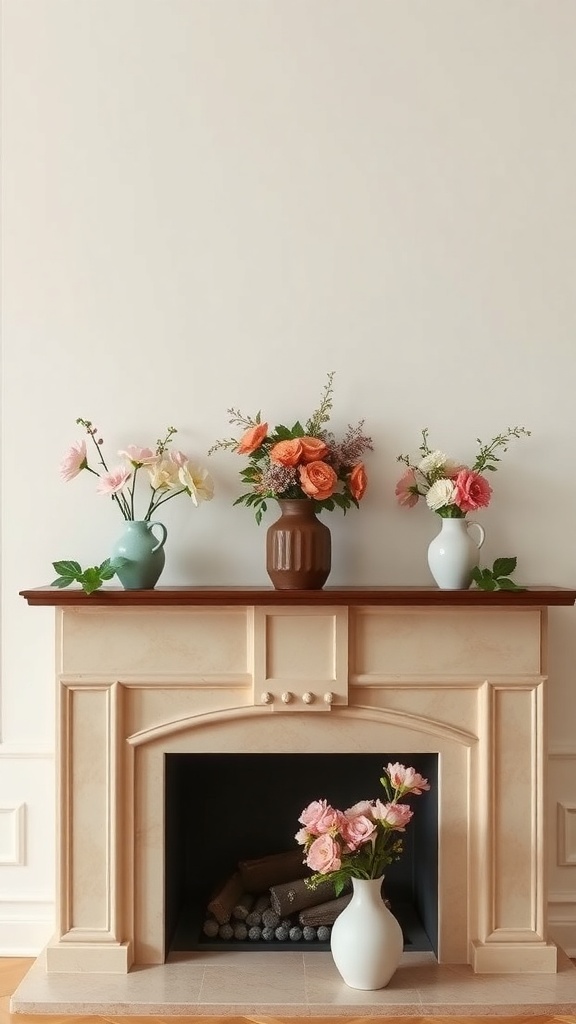 A fireplace mantel decorated with ceramic vases filled with fresh flowers in various colors.