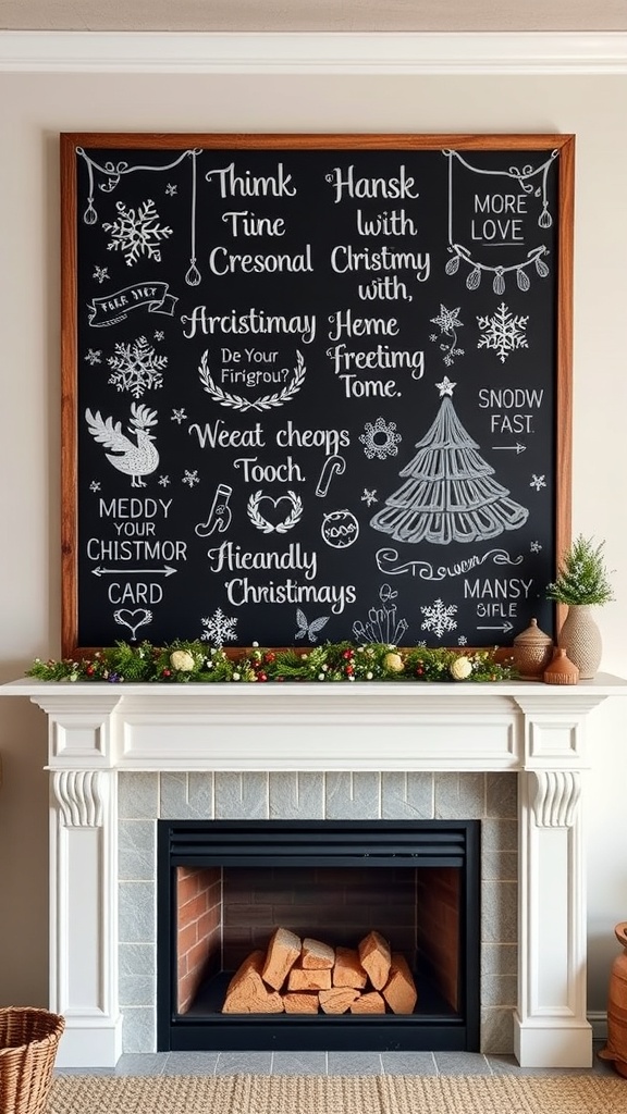 A chalkboard above a fireplace decorated with seasonal messages and doodles.
