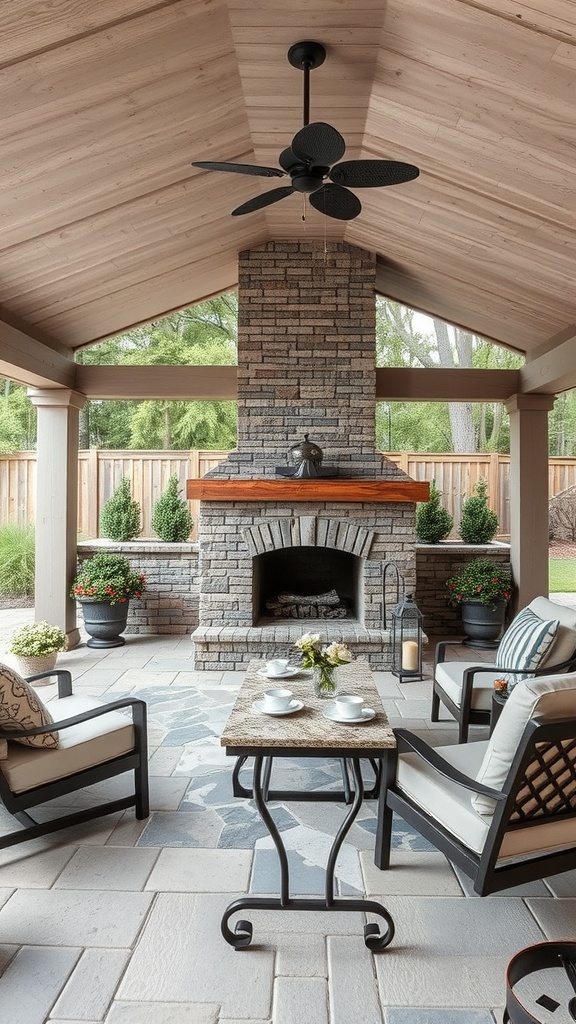 Outdoor covered patio with a stone fireplace, comfortable seating, and a stylish table.
