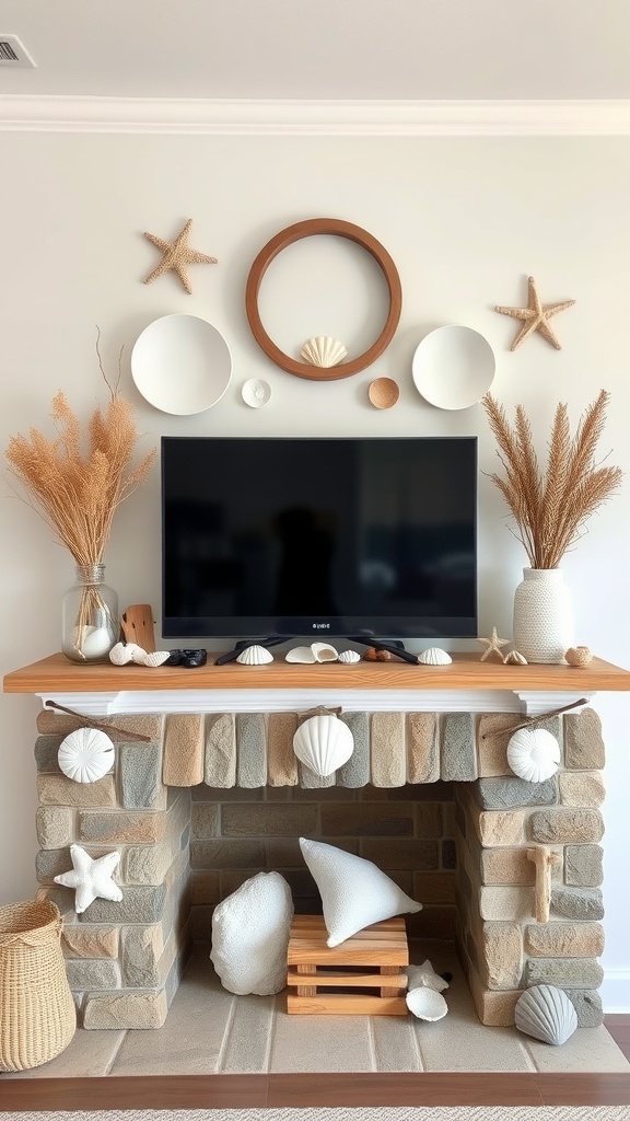 A coastal-themed mantle with a TV, decorated with seashells, starfish, and dried grasses.