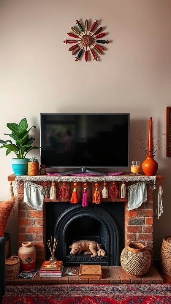 A colorful bohemian styled mantle with a TV, featuring tassels, plants, and decorative items.