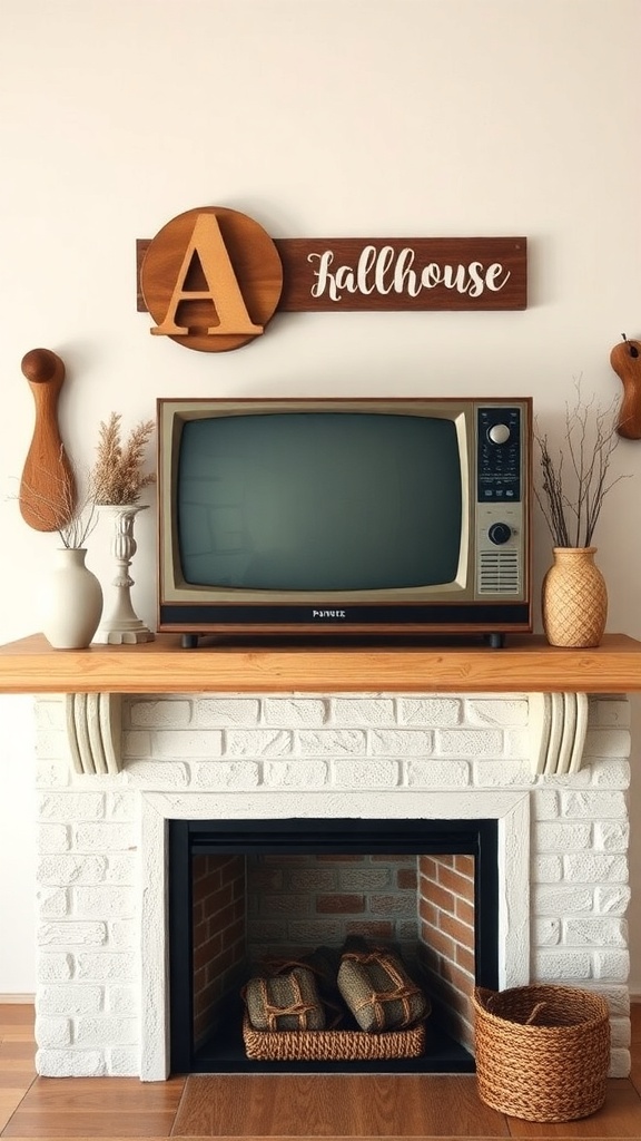 A vintage television on a wooden mantel with farmhouse decor, including a sign, vases, and woven baskets.