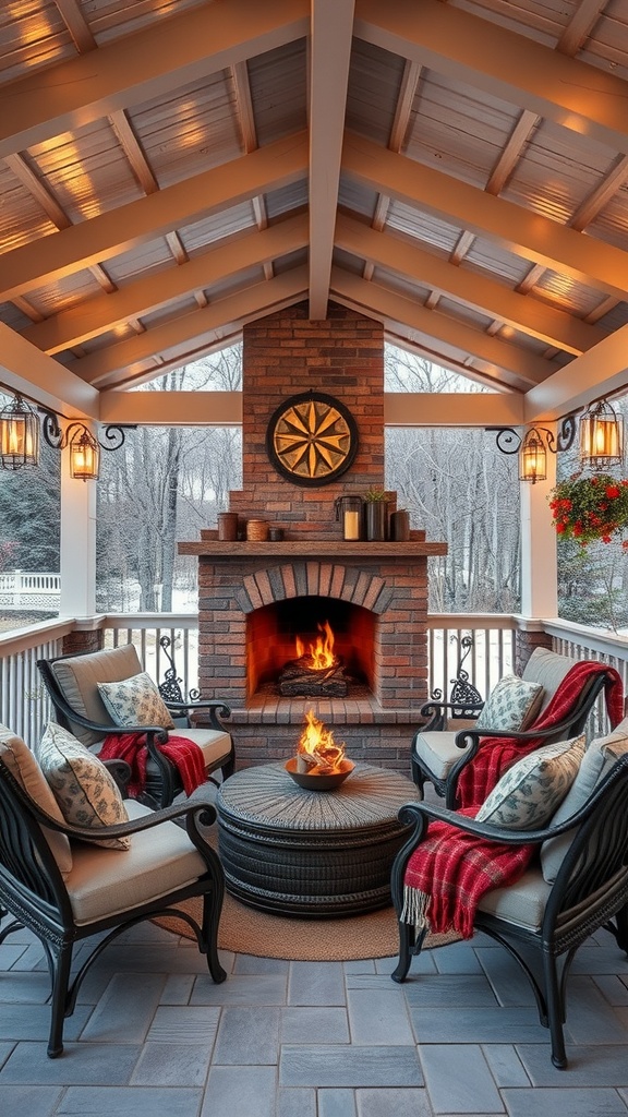 Cozy outdoor covered patio with fireplace and comfortable seating