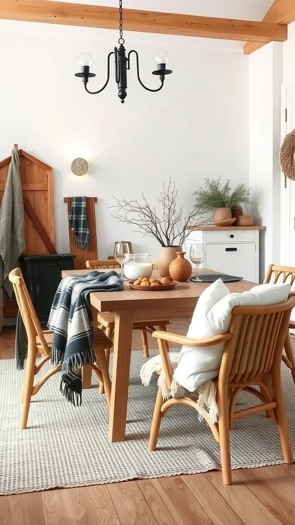 A cozy Scandinavian dining room featuring a wooden table, warm textiles, and natural accents.