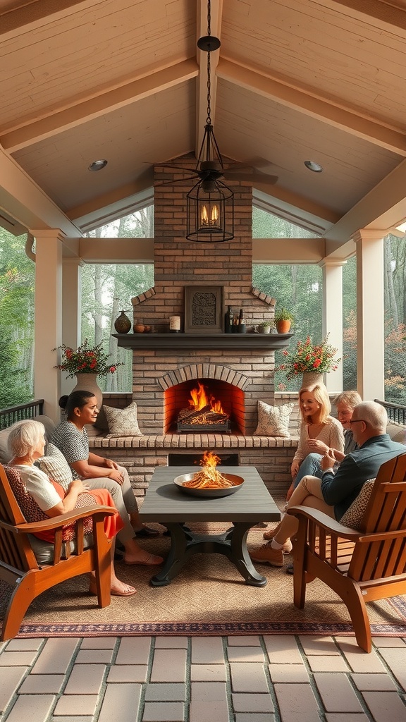 A cozy covered patio with a fireplace, featuring a family gathered around a fire, enjoying each other's company.