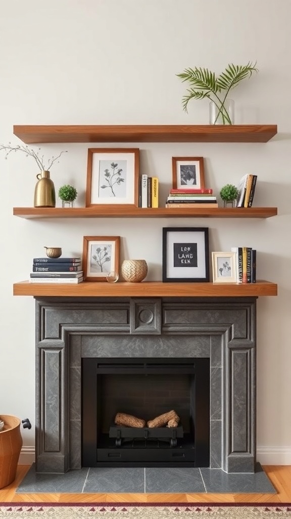 Decorative shelving units above a fireplace with books, plants, and framed pictures.