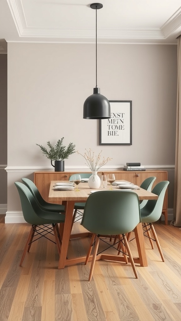 A Scandinavian dining room featuring earthy tones with a wooden table, green chairs, and a pendant light.