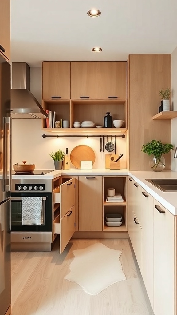 A Scandinavian kitchen featuring efficient storage solutions, including open shelving and pull-out drawers, with a warm wood finish.