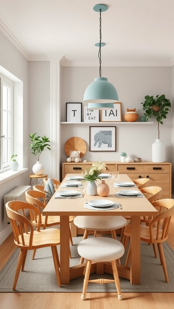 A bright Scandinavian dining room with a large wooden table, round chairs, and decorative plants.