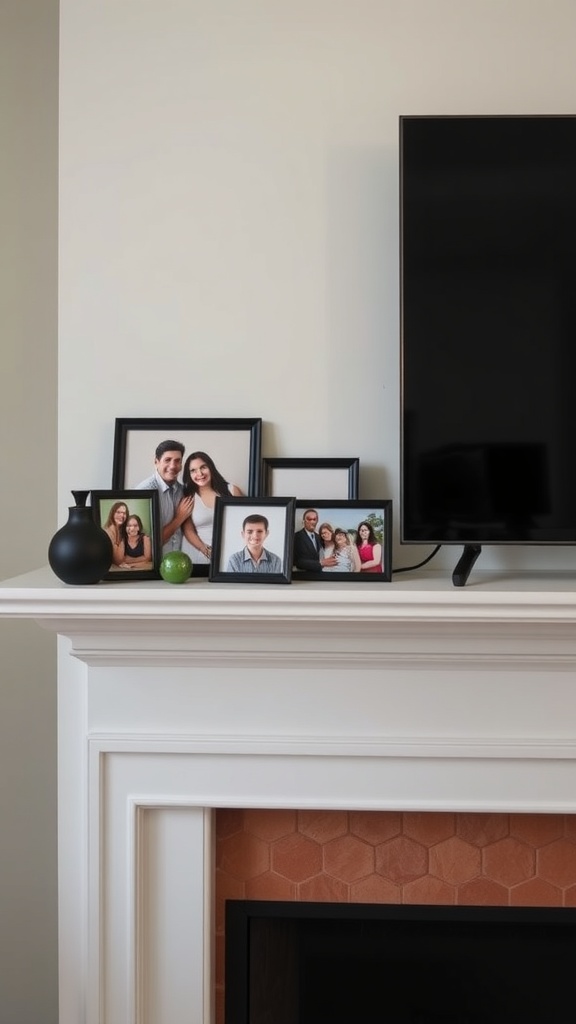 A modern mantle with a TV and family photo display