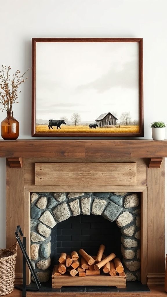 A farm-inspired artwork featuring cows and a barn above a rustic stone fireplace.