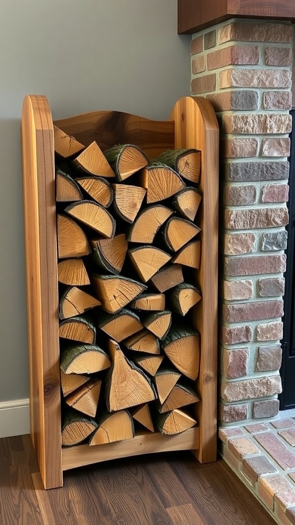 A wooden firewood rack filled with neatly stacked logs next to a brick fireplace.