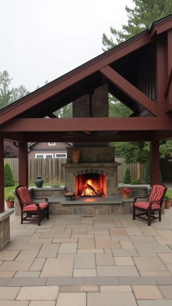 Outdoor covered patio with a stone fireplace and seating area