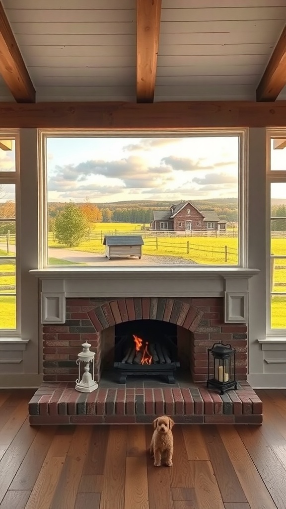 A cozy farmhouse fireplace with a view of fields and a farmhouse outside, featuring a small dog in front.