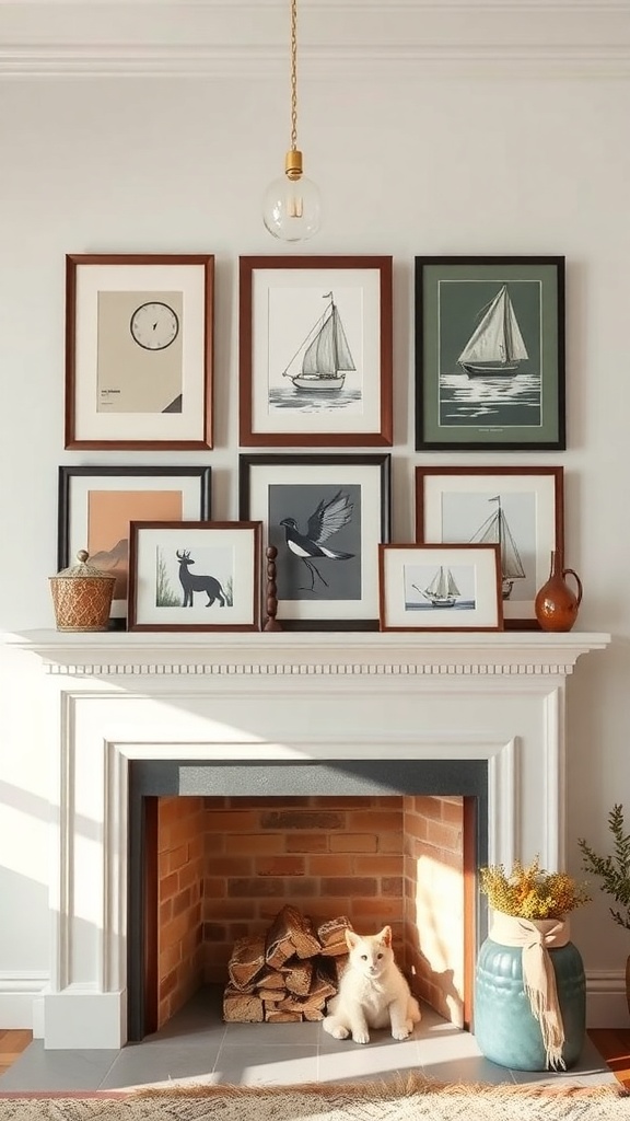 A beautifully arranged framed artwork gallery above a fireplace, featuring various prints and a cozy setting.