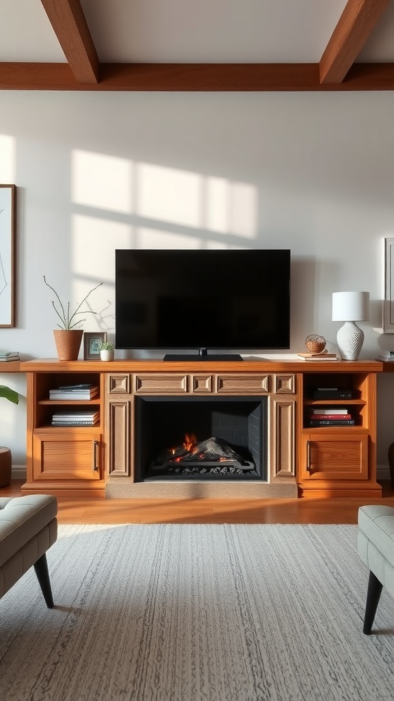 A stylish entertainment center with a TV, wooden console, and faux fireplace, surrounded by natural light.