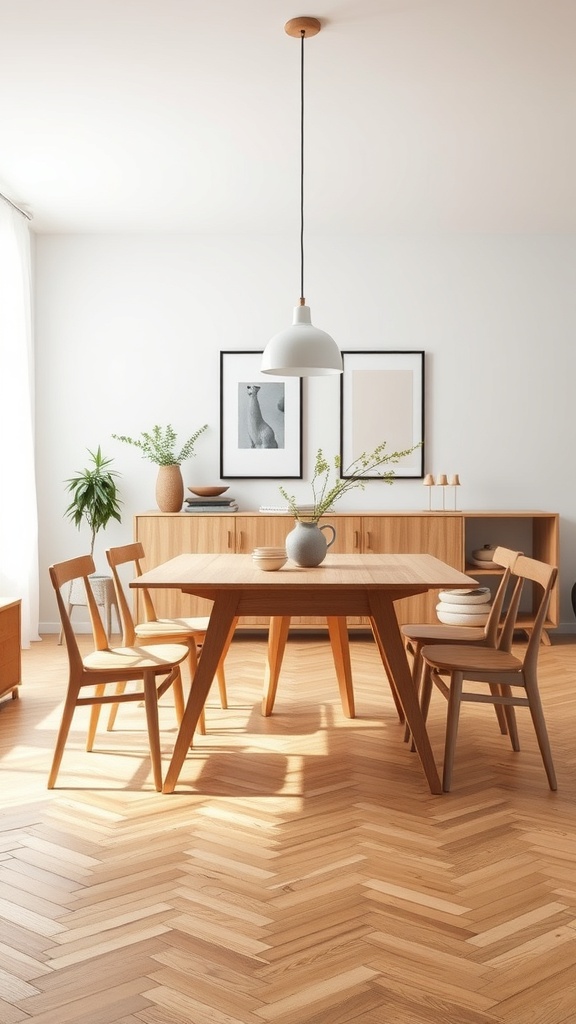 A Scandinavian dining room featuring a wooden table, chairs, and a minimalist decor.