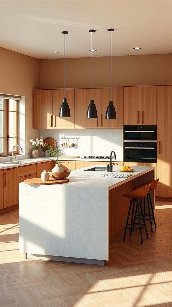 A Scandinavian kitchen featuring a functional island with bar seating, wooden cabinets, and modern pendant lights.