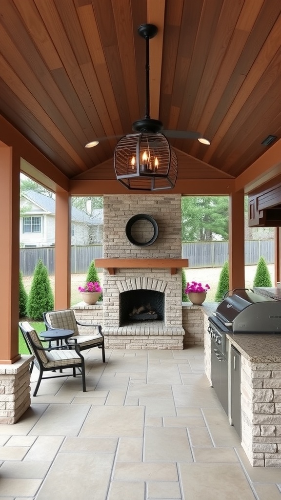 A covered outdoor kitchen with a fireplace, grill, and seating area, surrounded by greenery and flowers.