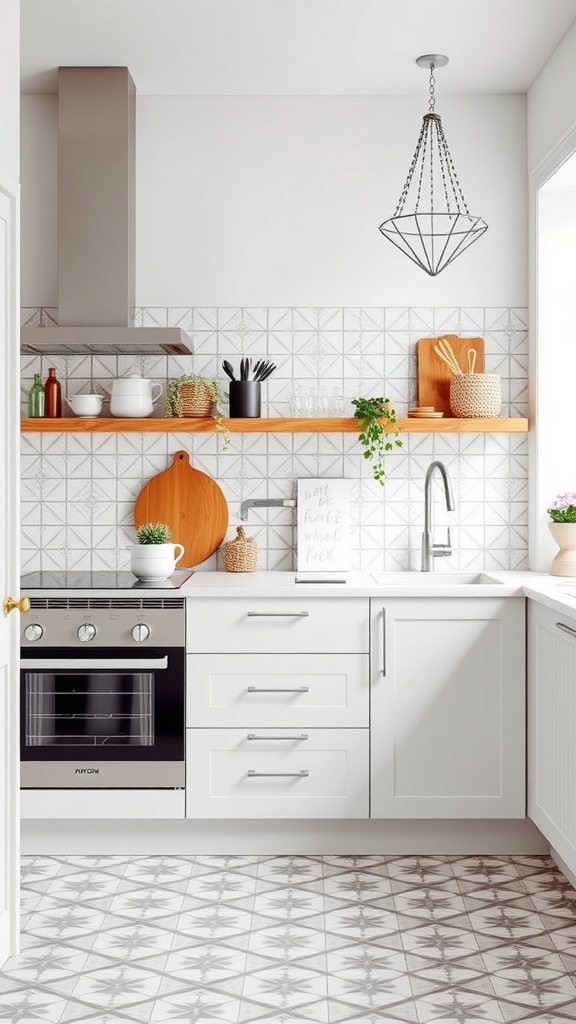 A Scandinavian kitchen featuring geometric patterned tiles and decor elements.