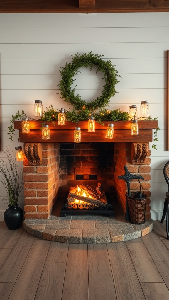 A rustic fireplace with hanging mason jar lights and a wreath on the mantel.