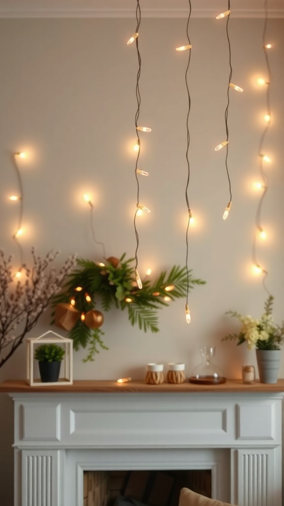 A cozy fireplace with hanging string lights and greenery decor
