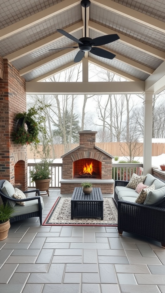 Cozy outdoor covered patio with fireplace, comfortable seating, and a stylish coffee table.