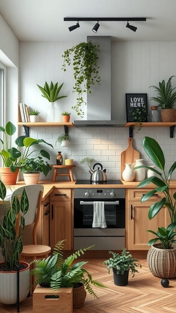 A Scandinavian kitchen filled with various plants, featuring wooden cabinets and a modern stove.