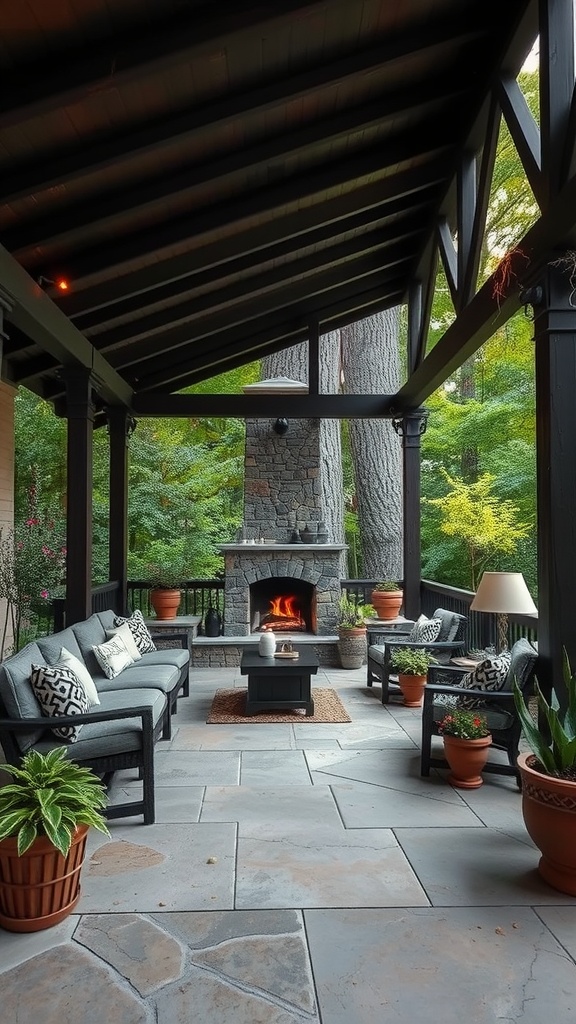 A cozy outdoor covered patio featuring a fireplace, comfortable seating, and surrounding greenery.