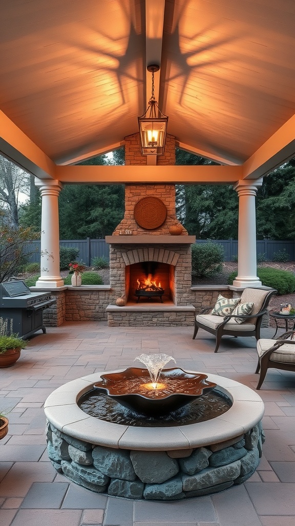 A covered patio featuring a fountain, fireplace, and comfortable seating.