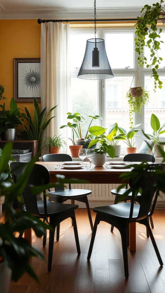 A Scandinavian dining room filled with various indoor plants, featuring a wooden table and black chairs, with natural light coming through the window.