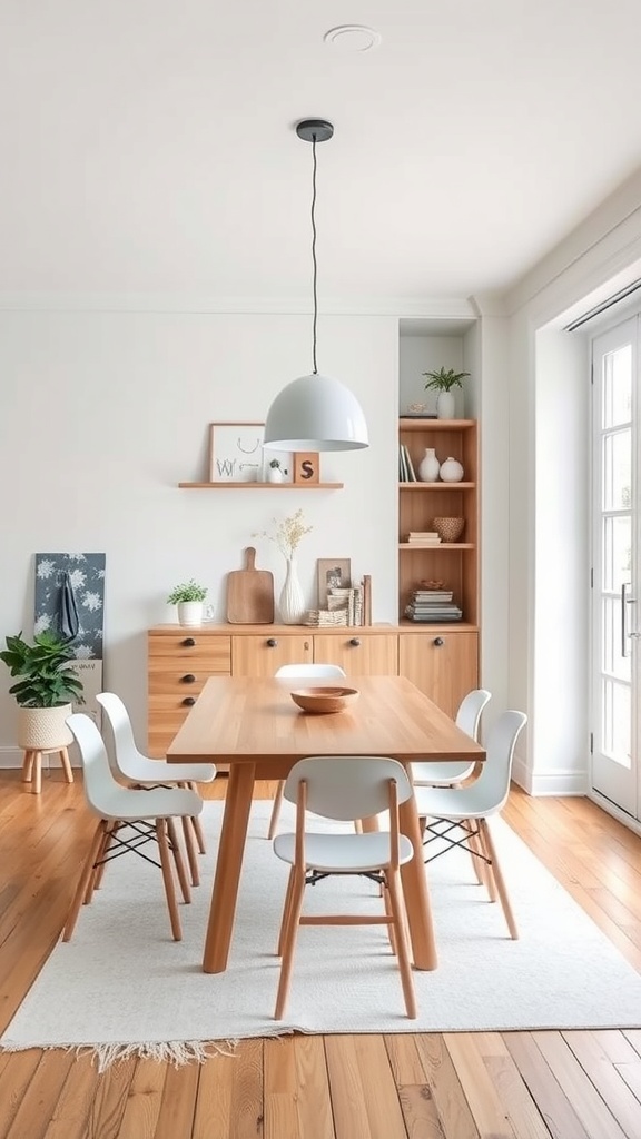 A Scandinavian dining room featuring a wooden table, white chairs, and a stylish sideboard with open shelving.