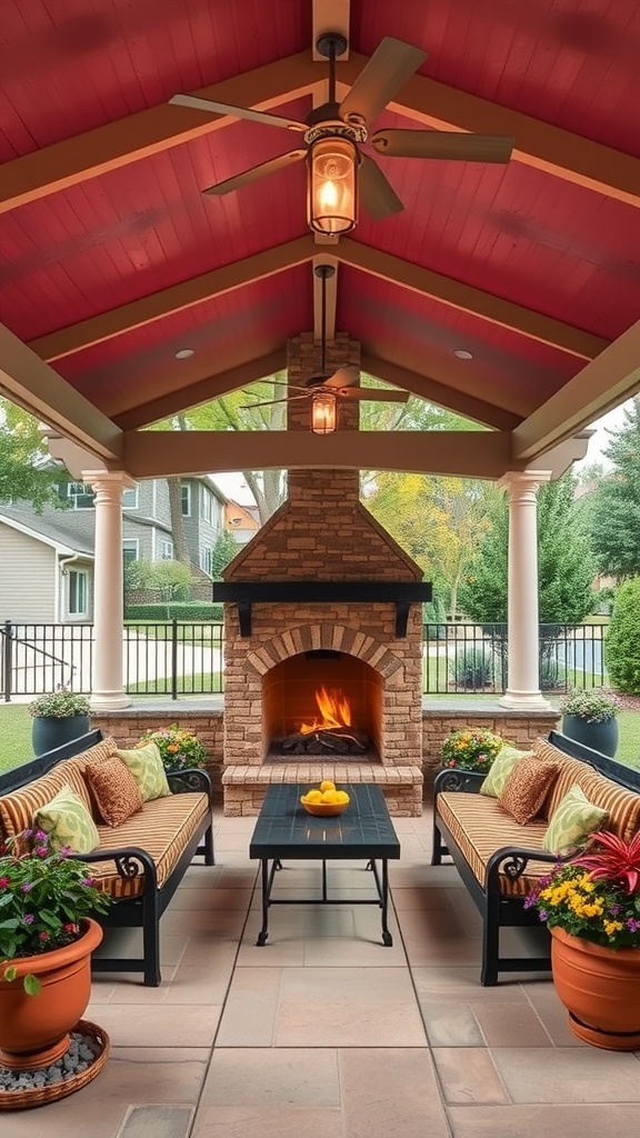 Outdoor covered patio with a fireplace, featuring a red ceiling, stone fireplace, and colorful seating.