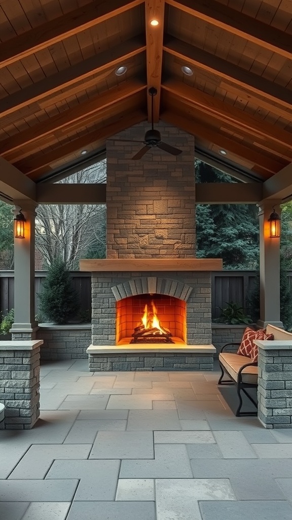 A cozy outdoor covered patio featuring a stone fireplace, wooden beams, and comfortable seating.