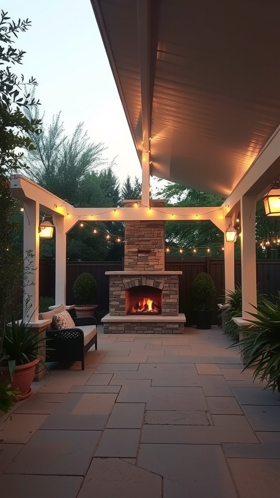 A cozy outdoor covered patio with a fireplace, string lights, and plants.