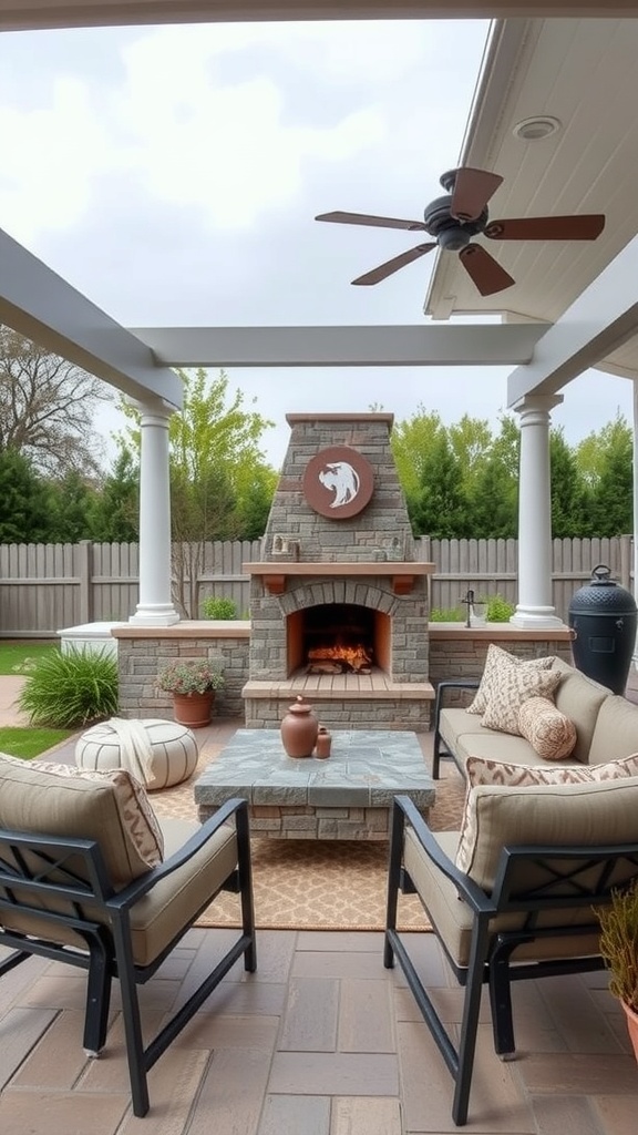 Cozy outdoor covered patio with fireplace and multi-functional furniture