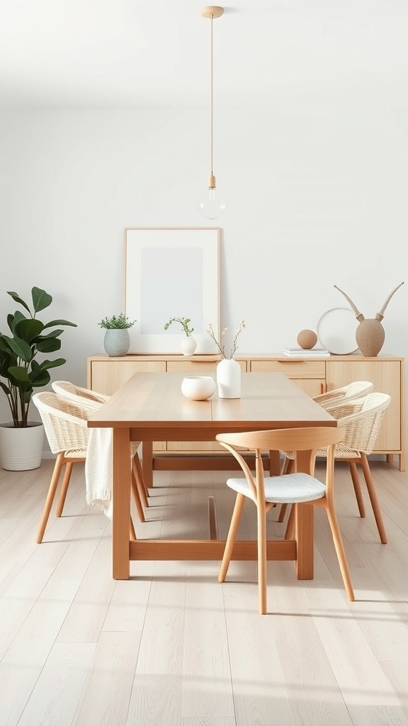A minimalist Scandinavian dining room featuring a wooden table, woven chairs, and a light fixture.
