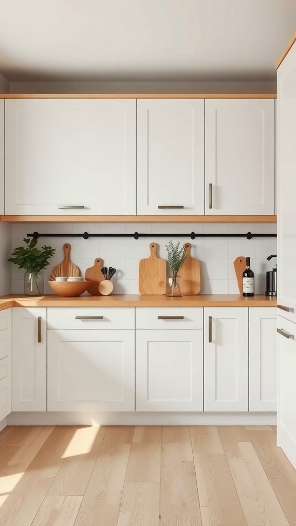 A minimalist kitchen featuring white cabinets and natural wood accents, with cutting boards and plants on the countertop.