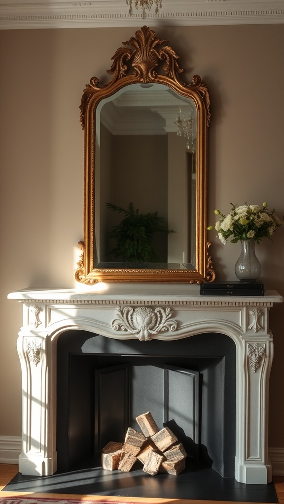 A beautifully framed mirror above a white fireplace with stacked wood and a vase of flowers.