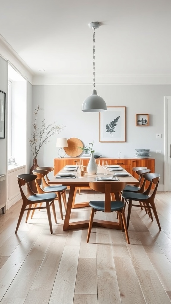A Scandinavian dining room featuring a wooden table, modern chairs, and soft gray pendant lighting.