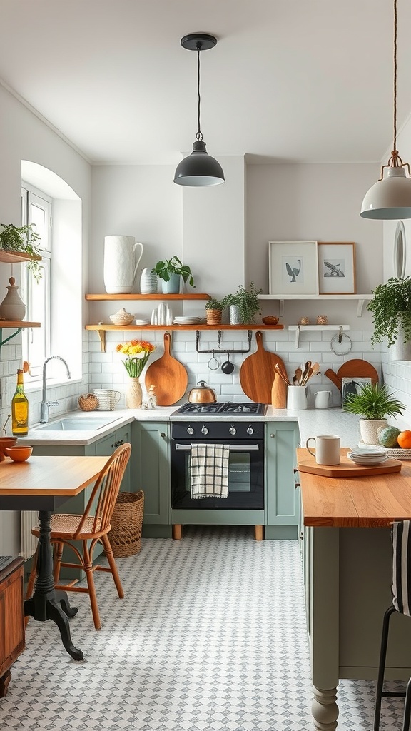 A Scandinavian kitchen featuring modern green cabinets, wooden accents, open shelving, and patterned floor tiles.