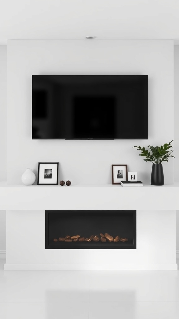 A modern minimalist mantle with a TV, electric fireplace, and minimal decor.