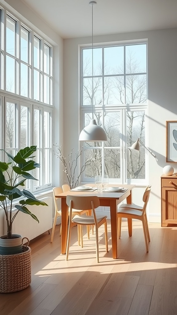 A bright Scandinavian dining room with large windows, a wooden table, and plants.